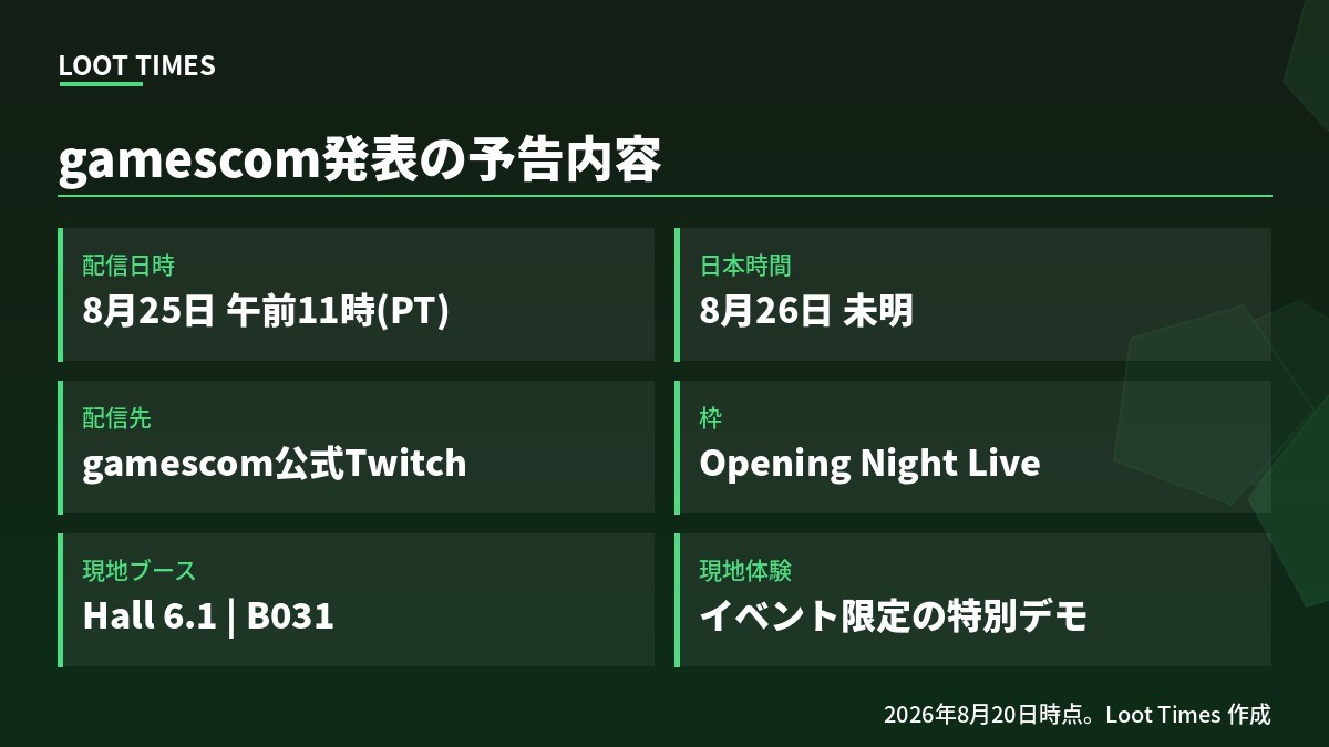 gamescom 2026でのPath of Exile 2発表の予告内容。配信は8月25日午前11時太平洋時間、日本時間26日未明、gamescom公式Twitchチャンネル、現地ブースはHall 6.1 B031、イベント限定の特別デモを試遊可能